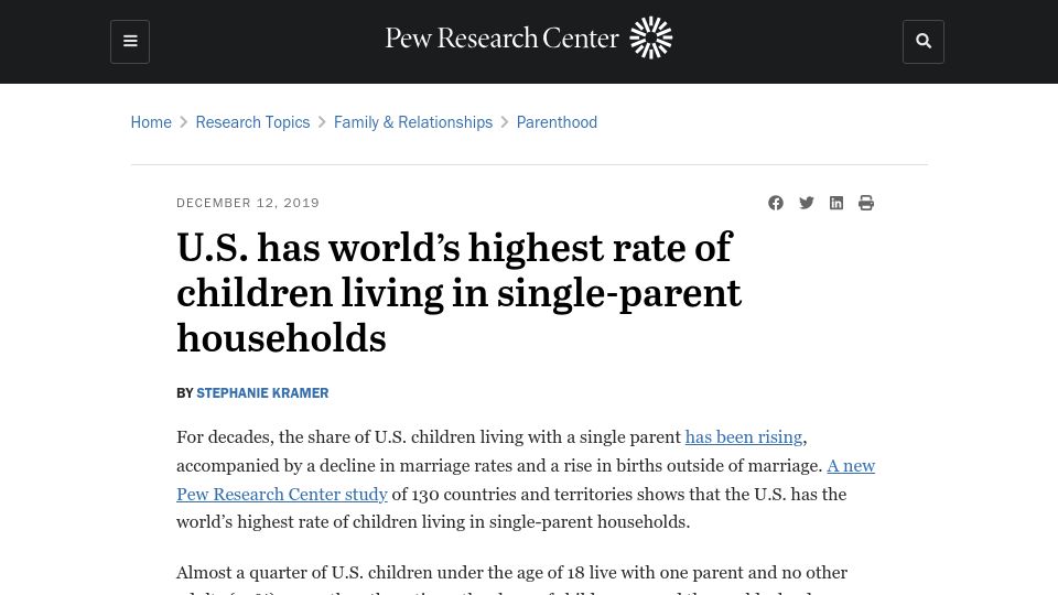 Screenshot of pewresearch.org: U.S. has world’s highest rate of children living in single-parent households (2019)