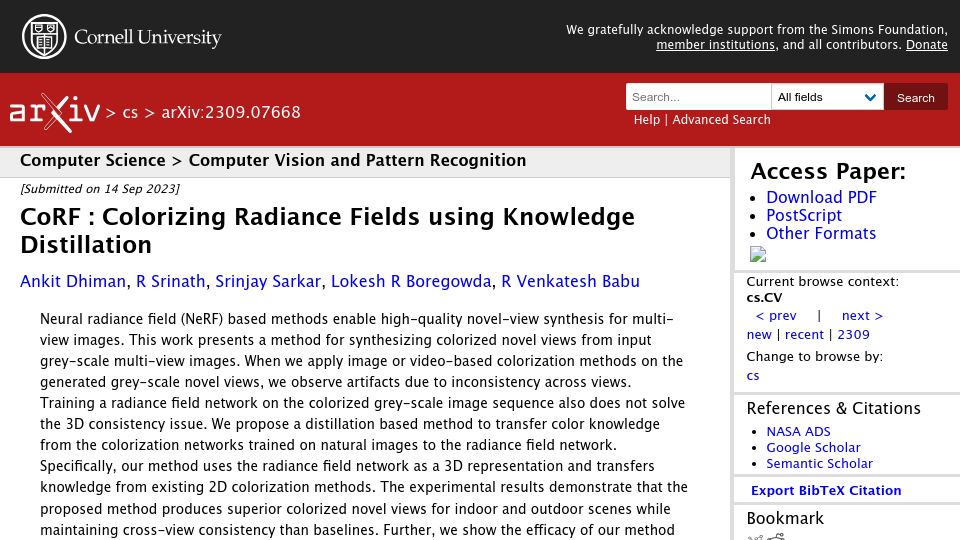 Screenshot of arxiv.org: CoRF: Colorizing Radiance Fields Using Knowledge Distillation