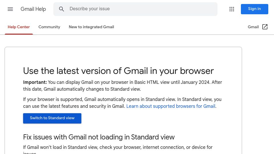 Screenshot of support.google.com: Google is killing Gmail's Basic HTML View in early 2024