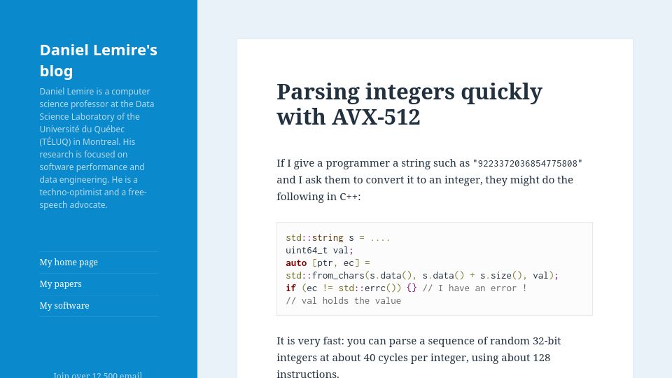 Screenshot of lemire.me: Parsing integers quickly with AVX-512