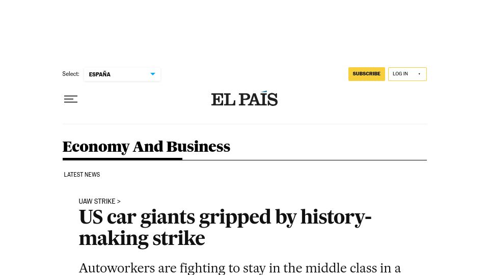 Screenshot of english.elpais.com: US car giants gripped by history-making strike