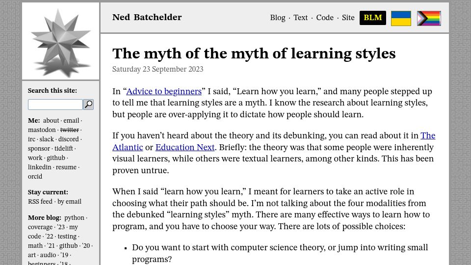 Screenshot of nedbatchelder.com: The myth of the myth of learning styles