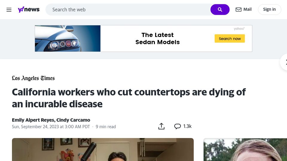 Screenshot of news.yahoo.com: Workers who cut countertops are dying of silicosis