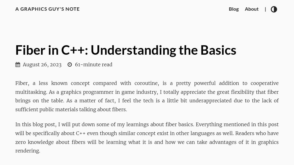 Screenshot of agraphicsguynotes.com: Fiber in C++: Understanding the Basics