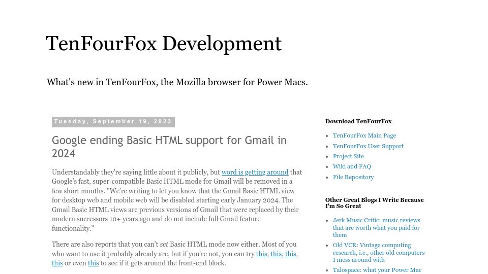 Screenshot of tenfourfox.blogspot.com: Google ending Basic HTML support for Gmail in 2024