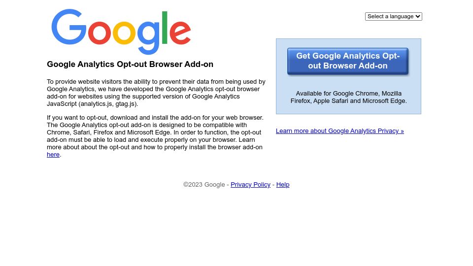 Screenshot of tools.google.com: Google Analytics Opt-Out Browser Add-On