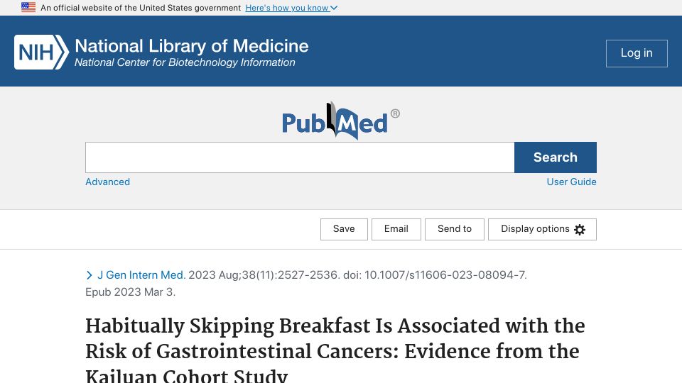 Screenshot of pubmed.ncbi.nlm.nih.gov: Habitually Skipping Breakfast Is Associated with the Risk of GI Cancers