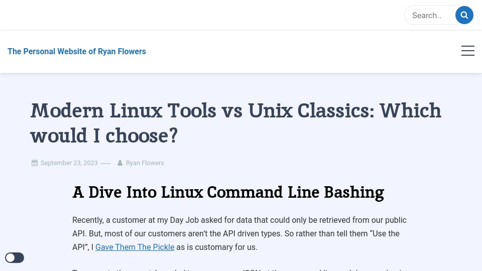 Screenshot of meetryanflowers.com: Modern Linux Tools vs. Unix Classics: Which Would I Choose?