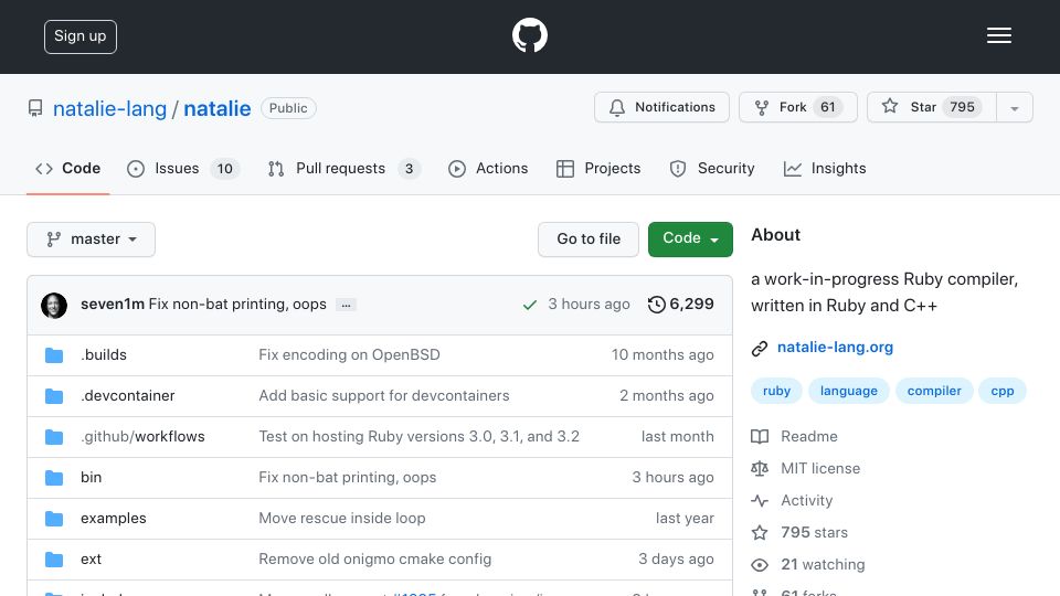 Screenshot of github.com: Natalie – a work-in-progress Ruby compiler, written in Ruby and C++