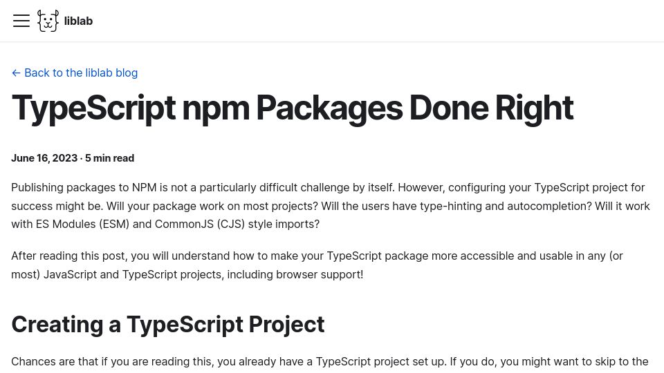 Screenshot of blog.liblab.com: TypeScript NPM Packages Done Right