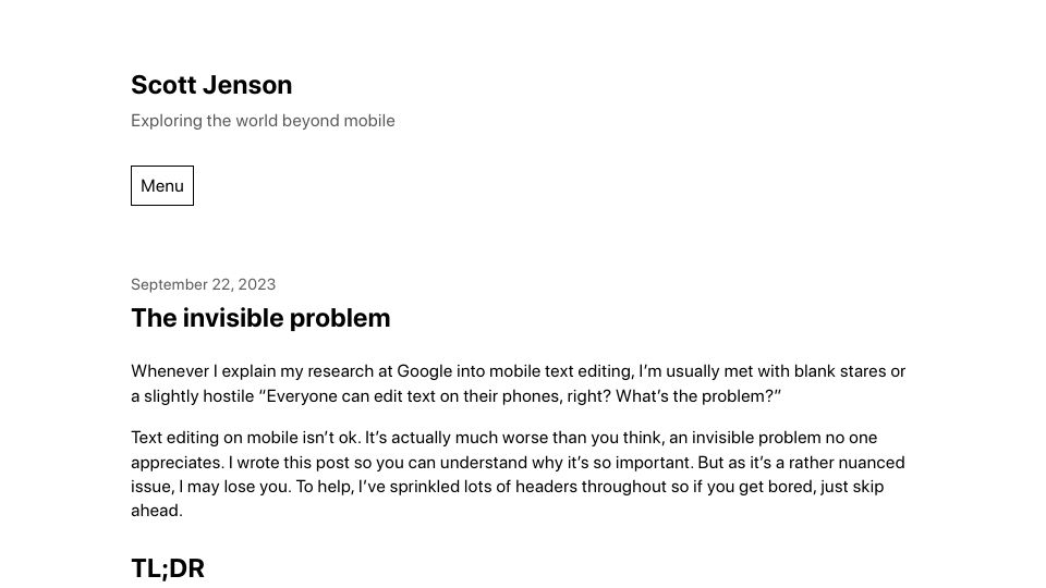 Screenshot of jenson.org: Text editing on mobile: the invisible problem