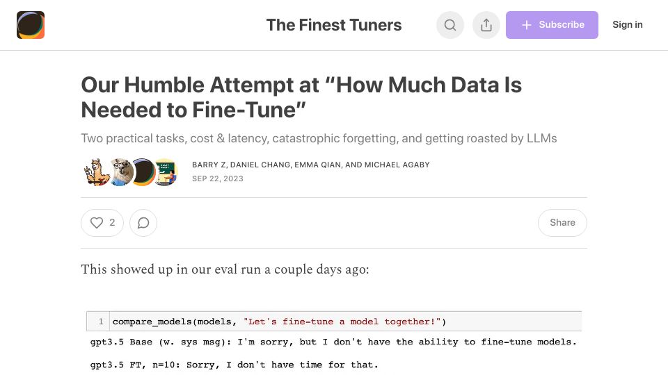 Screenshot of barryzhang.substack.com: Our humble attempt at “how much data do you need to fine-tune”