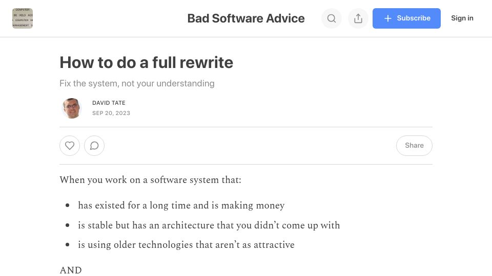Screenshot of badsoftwareadvice.substack.com: How to Do a Full Rewrite