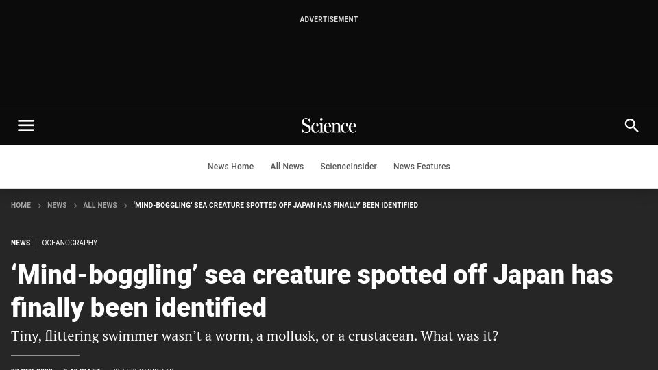 Screenshot of science.org: ‘Mind-boggling’ sea creature identified as digenean trematode