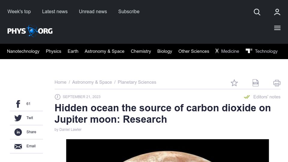 Screenshot of phys.org: Hidden ocean the source of carbon dioxide on Jupiter moon