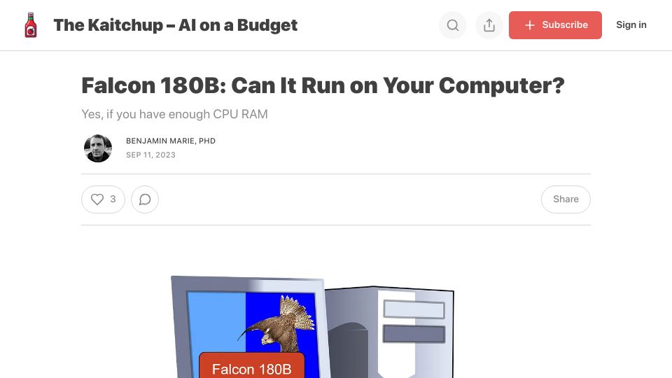 Screenshot of kaitchup.substack.com: LLM Falcon 180B Needs 720GB RAM to Run