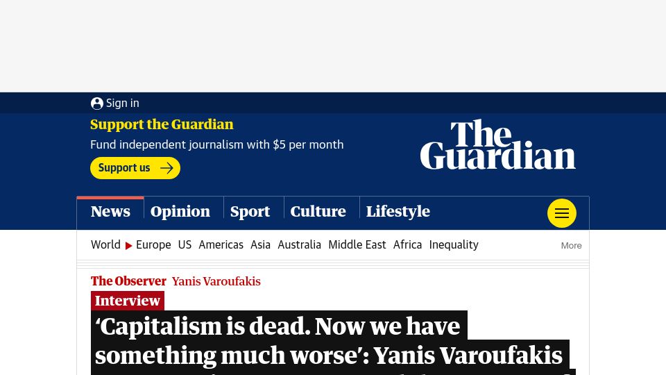 Screenshot of theguardian.com: ‘Capitalism is dead. Now we have something much worse’