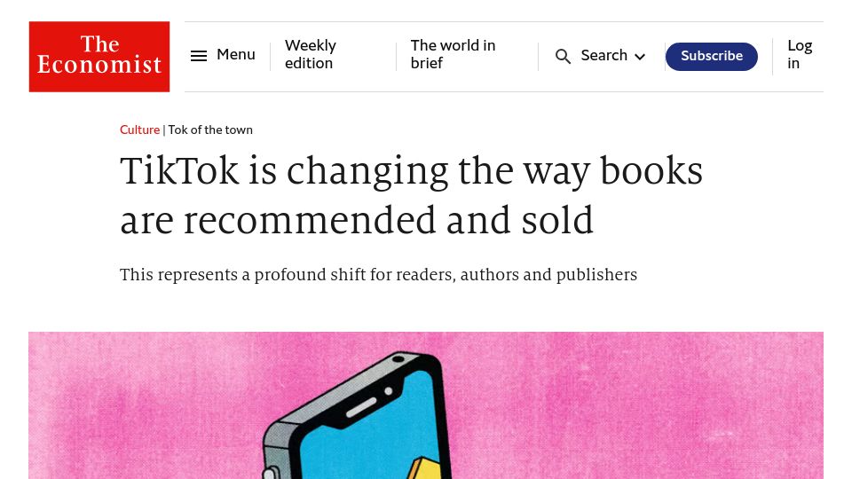 Screenshot of economist.com: TikTok is changing the way books are recommended and sold