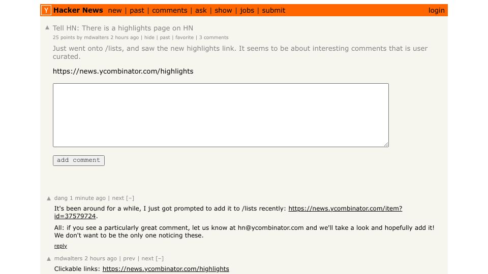 Screenshot of Hacker News post: Tell HN: There is a highlights page on HN