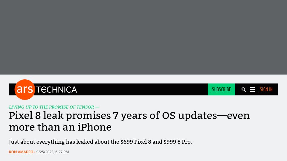 Screenshot of arstechnica.com: Pixel 8 leak promises 7 years of OS updates