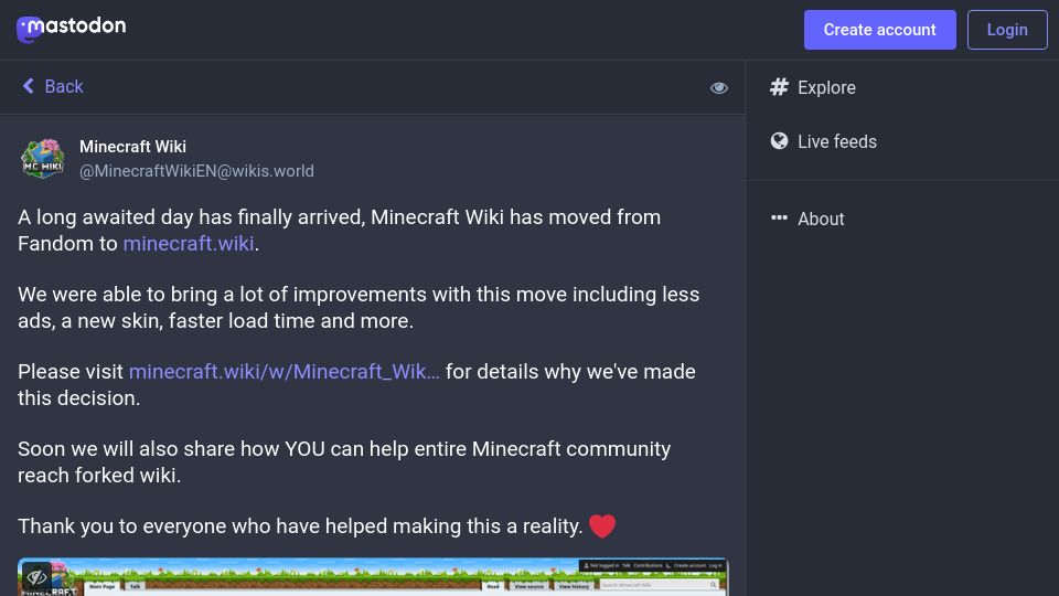 Screenshot of wikis.world: Minecraft Wiki moves off of Fandom