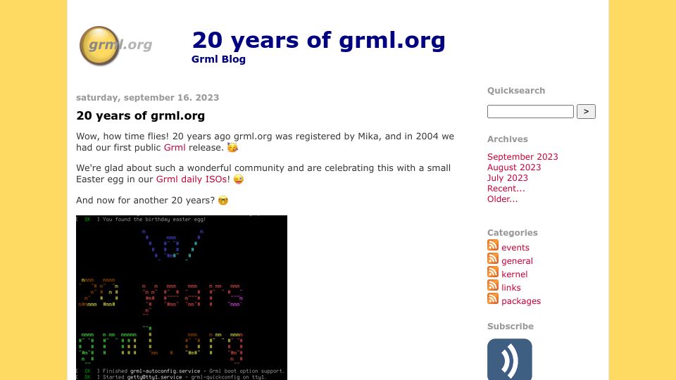 Screenshot of blog.grml.org: 20 Years of Grml.org
