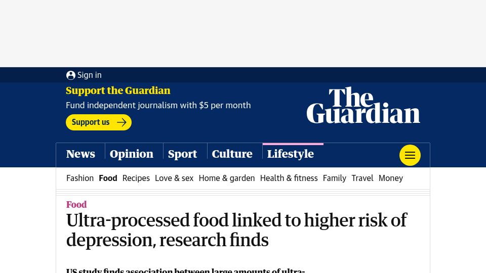Screenshot of theguardian.com: Ultra-processed food linked to higher risk of depression, research finds