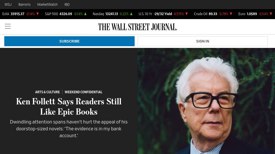 Screenshot of wsj.com: Ken Follett Says Readers Still Like Epic Books