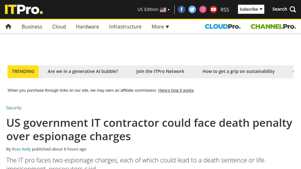 Screenshot of itpro.com: US Government IT contractor could face death penalty over espionage charges