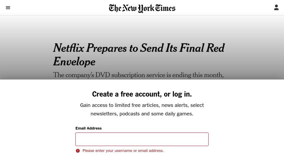 Screenshot of nytimes.com: Netflix prepares to send its final red envelope