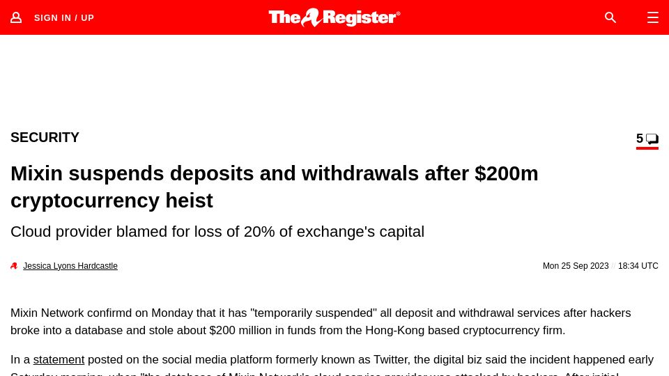 Screenshot of theregister.com: Mixin suspends deposits and withdrawals after $200M cryptocurrency heist