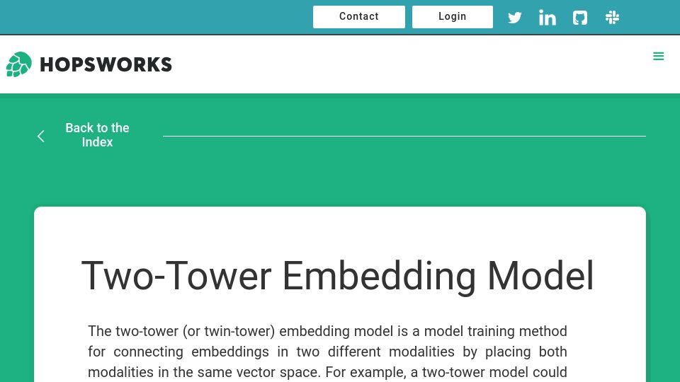Screenshot of hopsworks.ai: Two-Tower Embedding Model