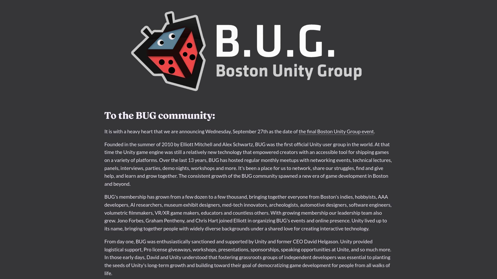 Screenshot of farewell.bostonunitygroup.com: Unity's oldest community announces dissolution