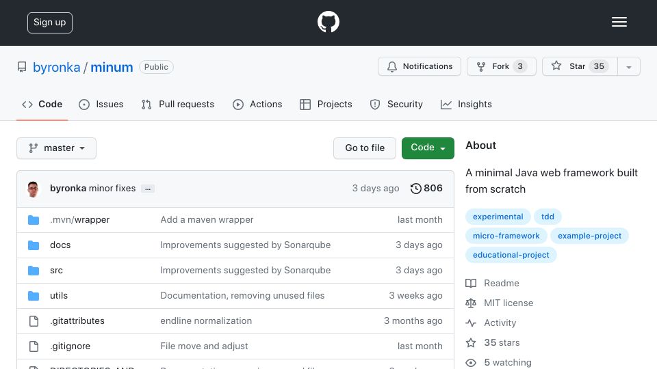 Screenshot of github.com: Show HN: Minum – A minimal Java web framework