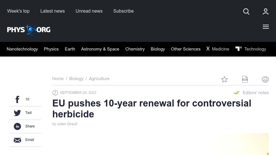 Screenshot of phys.org: EU proposes 10-year renewal for glyphosate herbicide