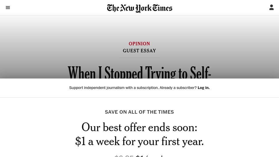 Screenshot of nytimes.com: When I stopped trying to self-optimize, I got better