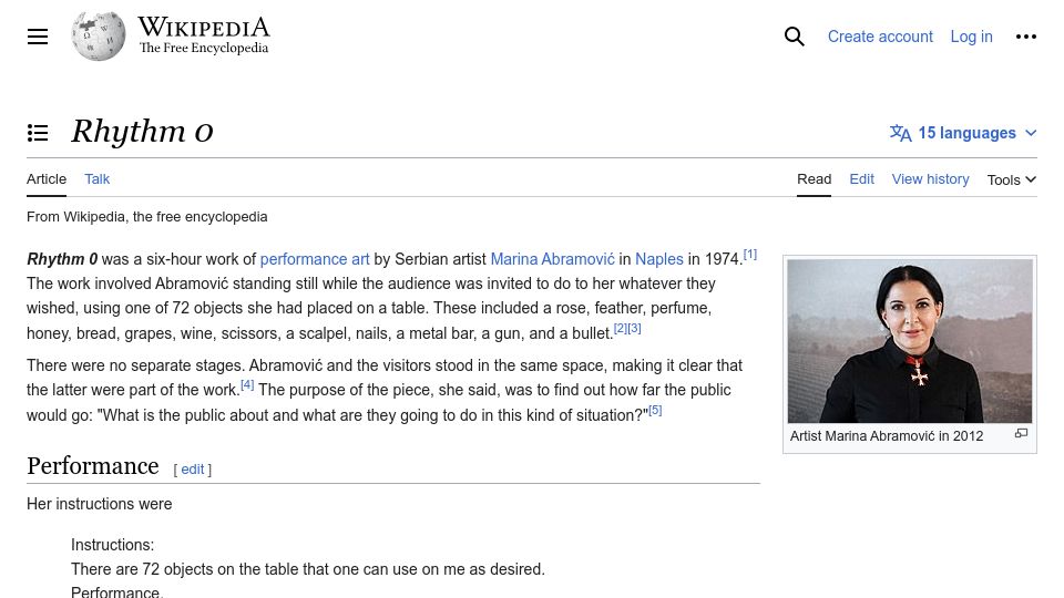 Screenshot of en.wikipedia.org: Rhythm 0