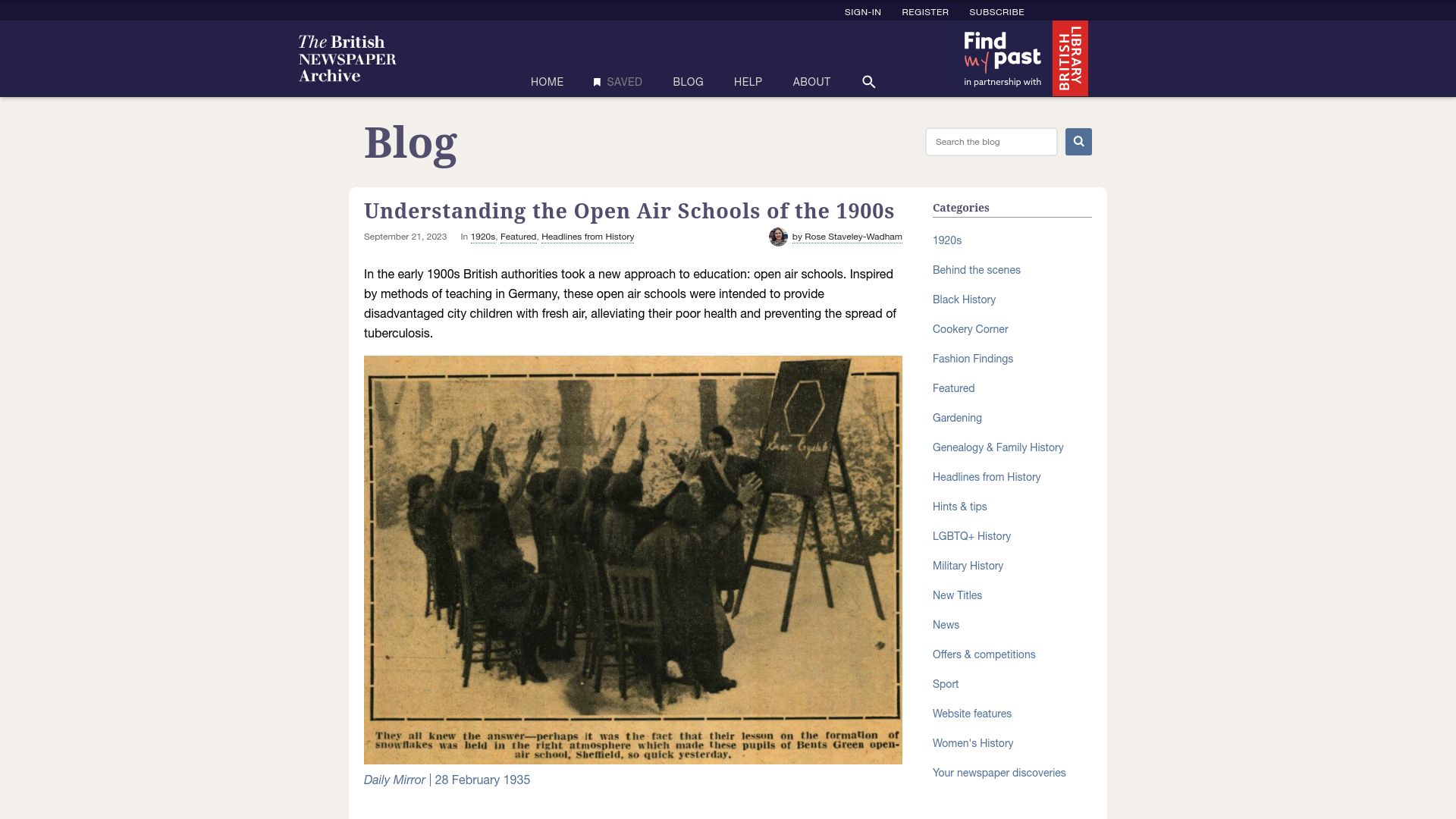 Screenshot of blog.britishnewspaperarchive.co.uk: Open Air Schools of the 1900s