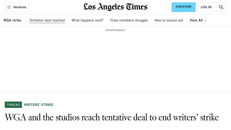 Screenshot of latimes.com: WGA and the studios reach tentative deal to end writers' strike
