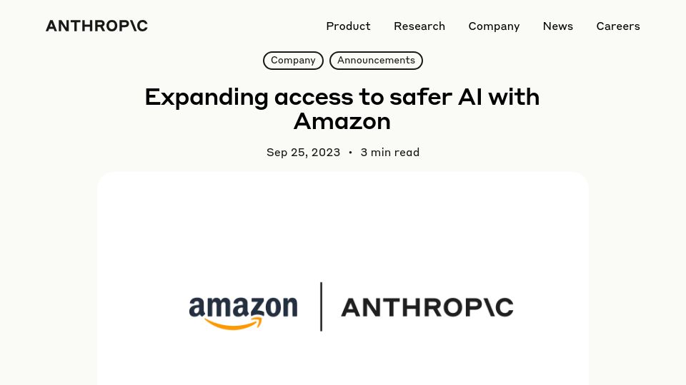 Screenshot of anthropic.com: Amazon will invest up to $4B in Anthropic