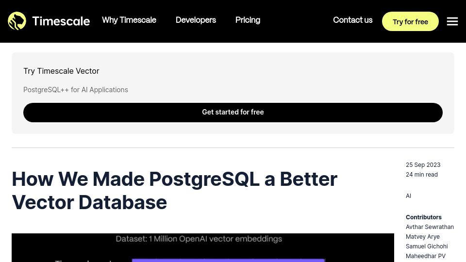 Screenshot of timescale.com: How We Made PostgreSQL a Better Vector Database