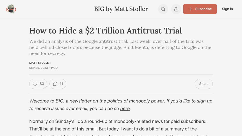 Screenshot of thebignewsletter.com: An analysis of the Google antitrust trial