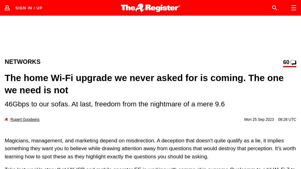 Screenshot of theregister.com: EE is working with Qualcomm to add Wi-Fi 7 to consumer broadband hubs