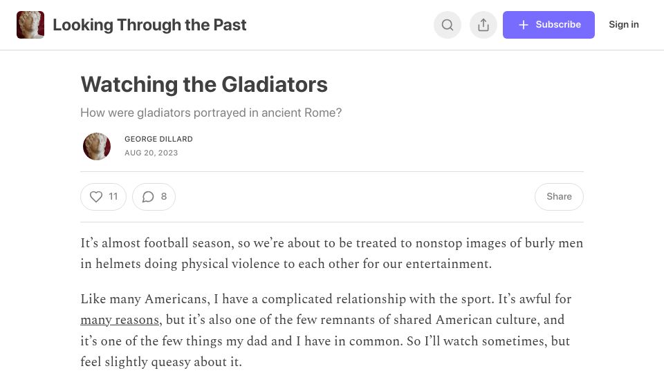 Screenshot of worldhistory.substack.com: How were gladiators portrayed in ancient Rome?