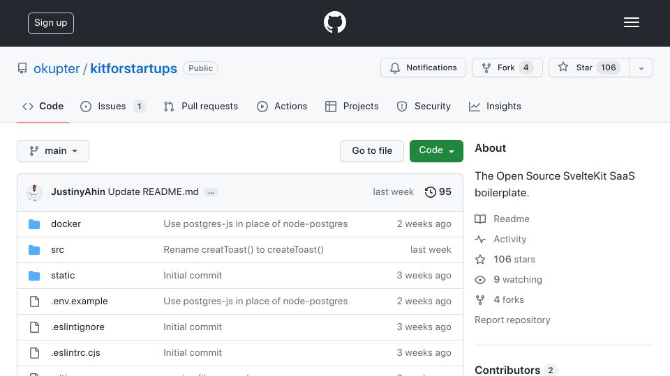 Screenshot of github.com: KitForStartups – The Open Source SvelteKit SaaS Boilerplate