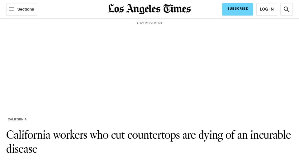 Screenshot of latimes.com: California workers who cut countertops are dying of an incurable disease
