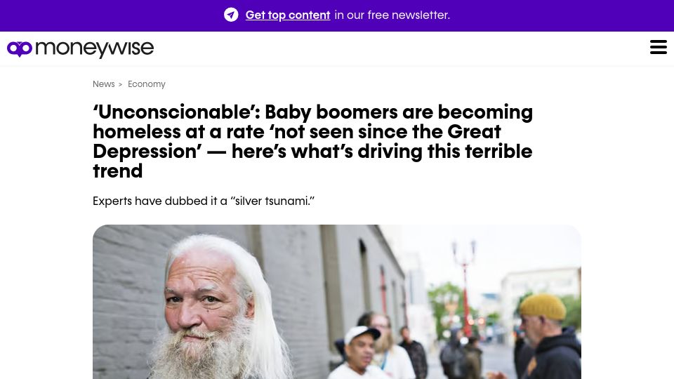 Screenshot of moneywise.com: Baby boomers are becoming homeless at a rate not seen since the Great Depression