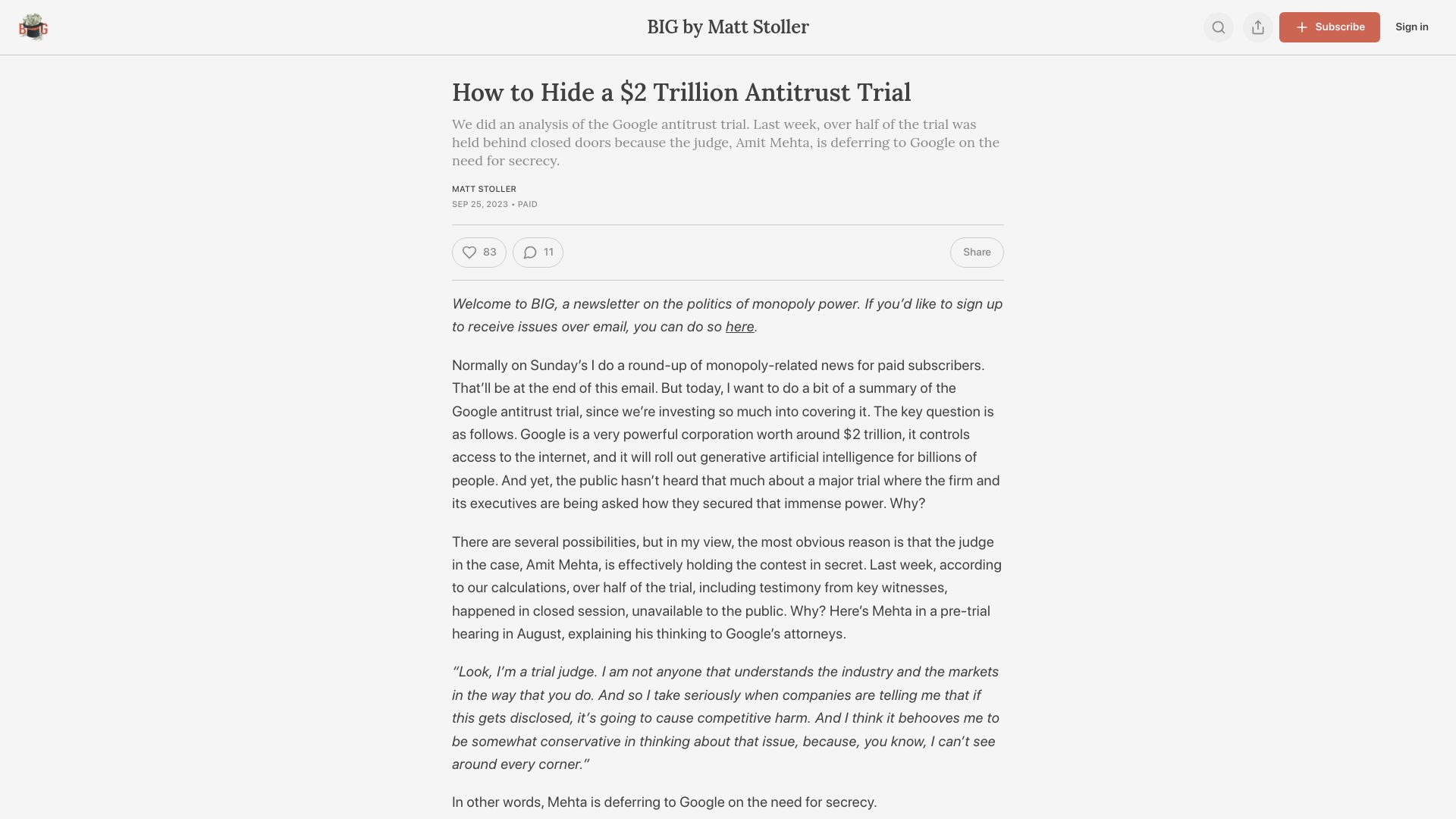 Screenshot of thebignewsletter.com: An analysis of the Google antitrust trial