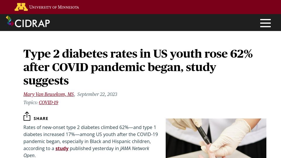 Screenshot of cidrap.umn.edu: Type 2 diabetes rates in US youth rose 62% after Covid pandemic began