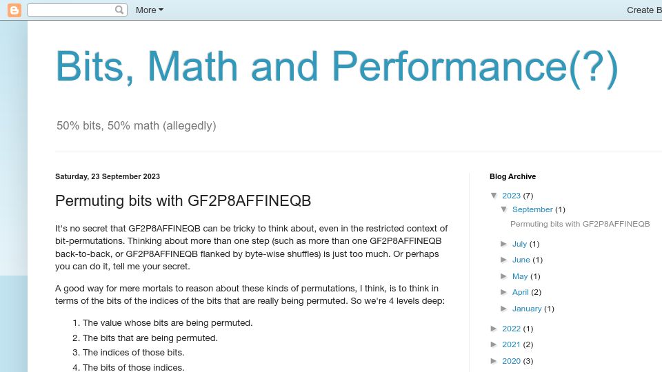 Screenshot of bitmath.blogspot.com: Permuting Bits with GF2P8AFFINEQB